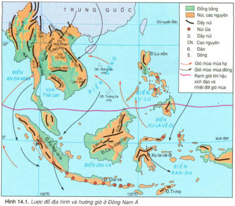 Bản đồ địa hình và hướng gió Đông Nam Á
